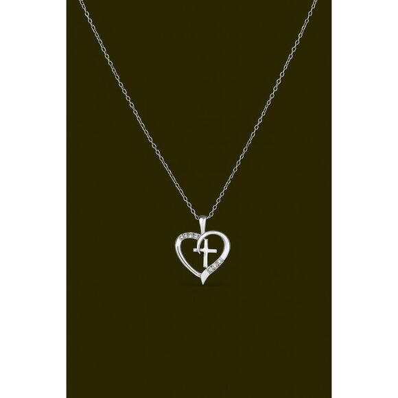 Diamond Heart Cross Necklace Sterling Silver Lab Grown Diamond Pendant Religious - Picture 4 of 5